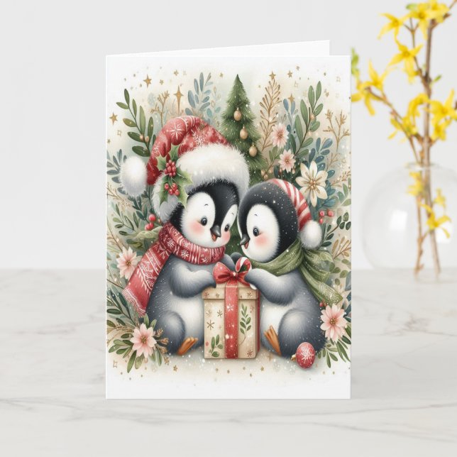 Christmas Penguins 5 Card (Yellow Flower)