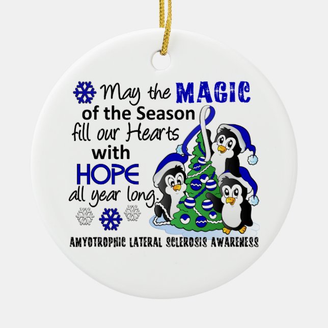 Christmas Penguins ALS Lou Gehrig's Disease Ceramic Ornament (Front)