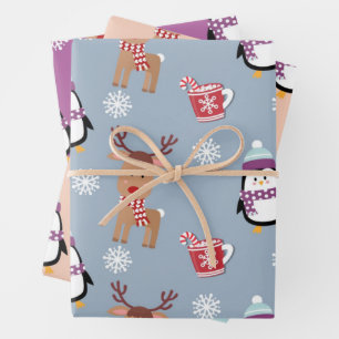 Christmas Penguins and Reindeers Wrapping Paper Sheets