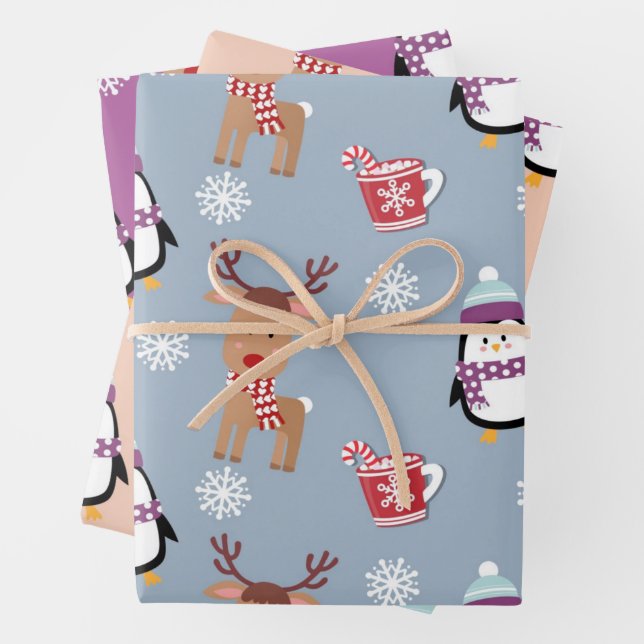 Christmas Penguins and Reindeers Wrapping Paper Sheets (In situ)