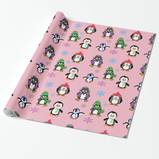 Christmas Penguins and Snowflakes Gift Wrap (Unrolled)