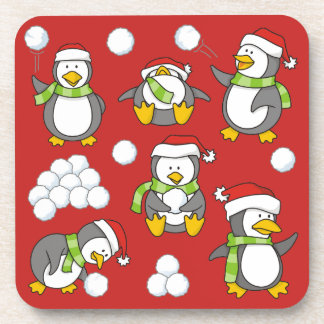 Christmas penguins background beverage coaster