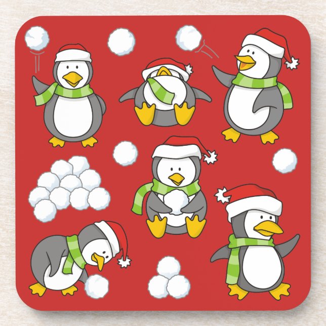 Christmas penguins background beverage coaster (Front)