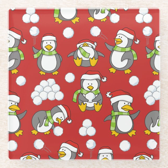 Christmas penguins background glass coaster (Front)