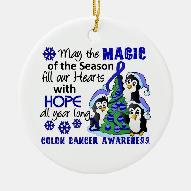 Christmas Penguins Colon Cancer Ceramic Ornament (Front)