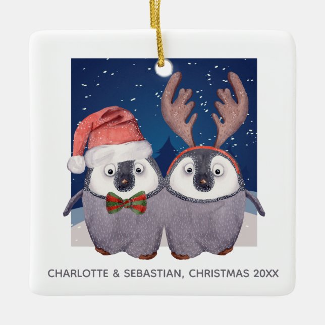 Christmas Penguins Cute Santa and Reindeer Couple Ceramic Ornament (Front)