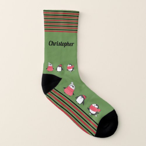 Christmas Penguins Family Name Monogram Green Red Socks