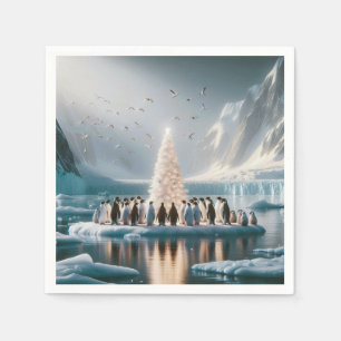 Christmas Penguins Gathering Around a Tree Napkins