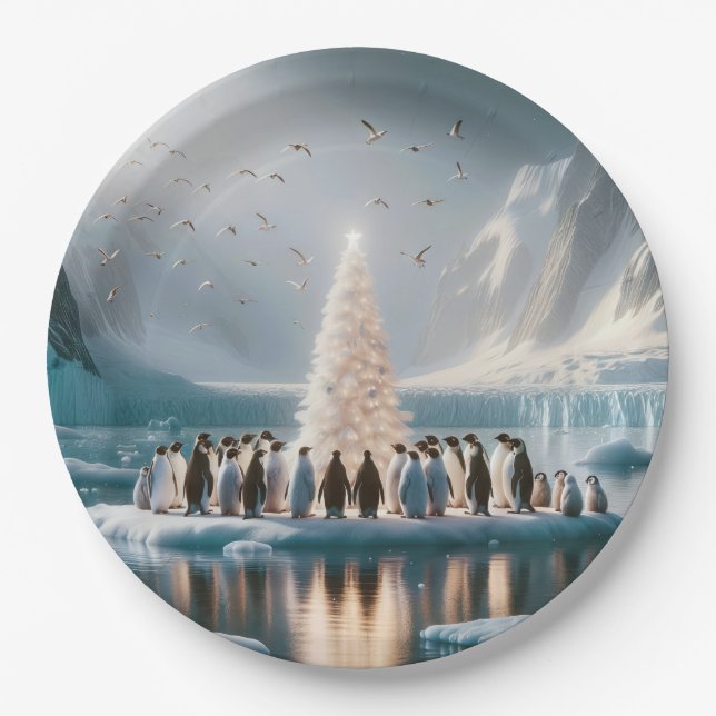 Christmas Penguins Gathering Around a Tree Paper Plates (Front)