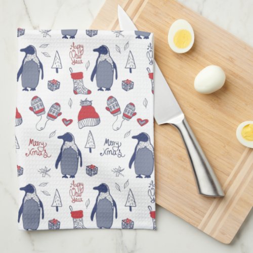 Christmas Penguins Hats Gloves Pattern Kitchen Towel
