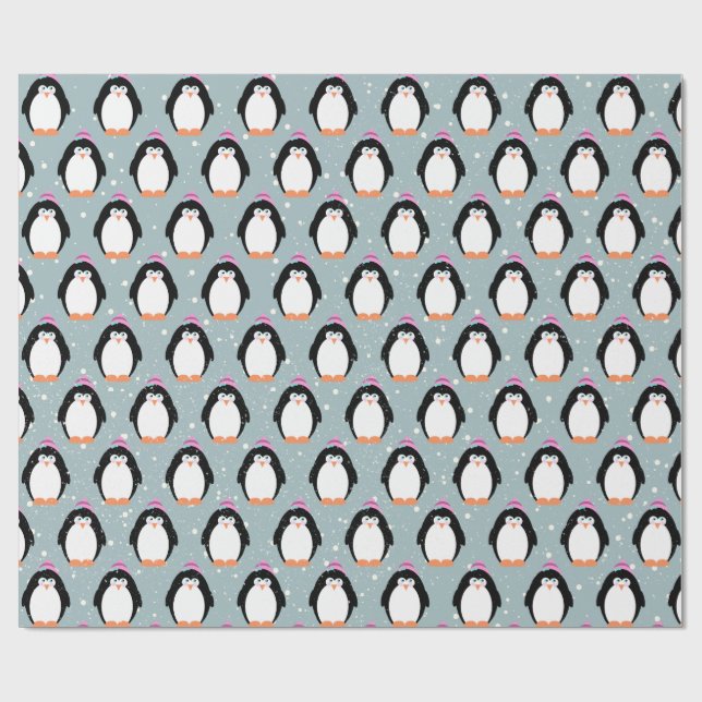 Christmas Penguins in Snowflakes Wrapping Paper (Flat)