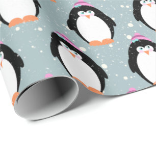 Christmas Penguins in Snowflakes Wrapping Paper