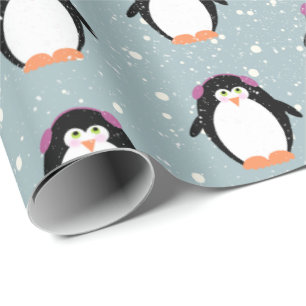 Christmas Penguins in Snowflakes Wrapping Paper