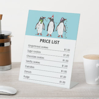 Christmas Penguins On Blue - Christmas Price List Pedestal Sign