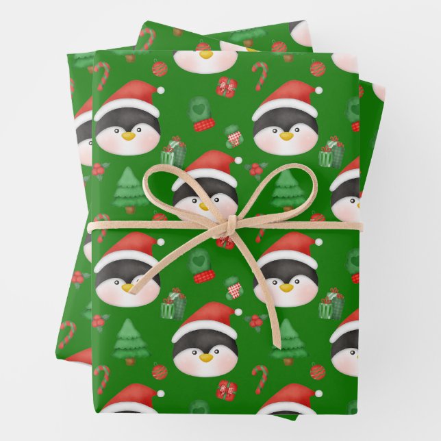 Christmas Penguins, Ornaments and Gifts Green  Wrapping Paper Sheets (In situ)