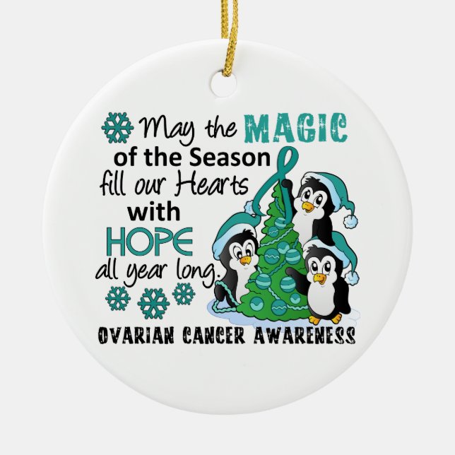 Christmas Penguins Ovarian Cancer Ceramic Ornament (Front)