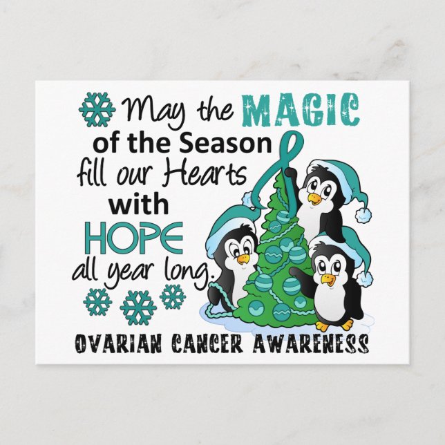 Christmas Penguins Ovarian Cancer Holiday Postcard (Front)