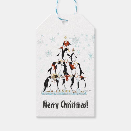 Christmas Penguins Pattern with Snow Flakes Gift Tags