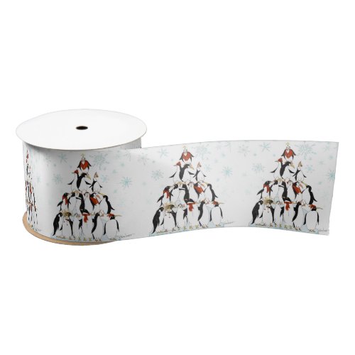 Christmas Penguins Pattern with Snow Flakes Satin Ribbon