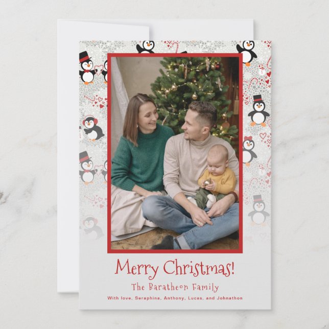 Christmas Penguins Photo Personalized Family Holiday Card (Front)
