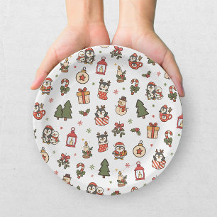 Christmas Penguins Red Green Paper Plates