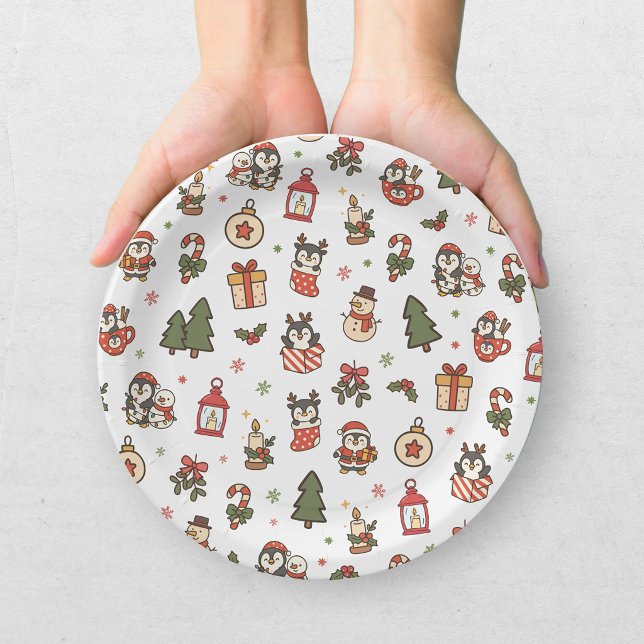Christmas Penguins Red Green Paper Plates (Creator Uploaded)