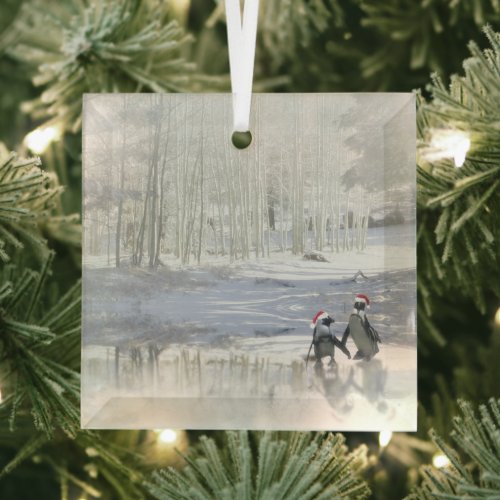 Christmas  Penguins Skating Frozen Pond Ornament