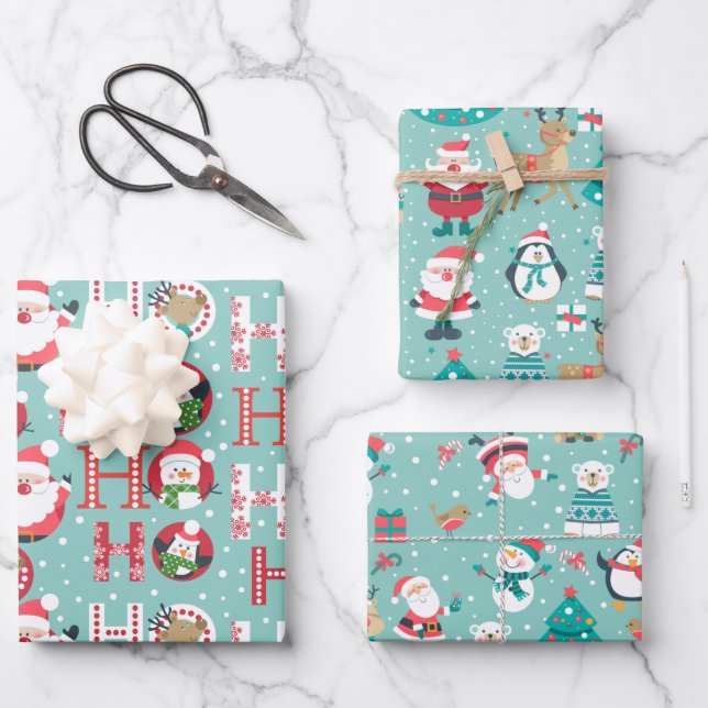 Christmas Penguins, Snowmen, Santa on Green Wrapping Paper Sheets (Front)