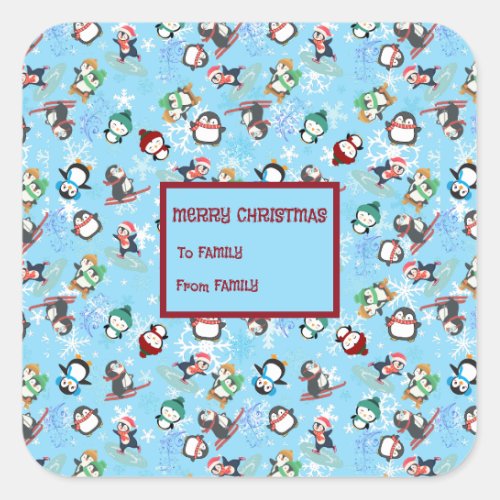 Christmas penguins winter sports Cute Funny Square Sticker