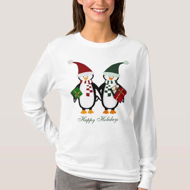 Christmas Penguins with Gifts Ladies Tshirt (Front)