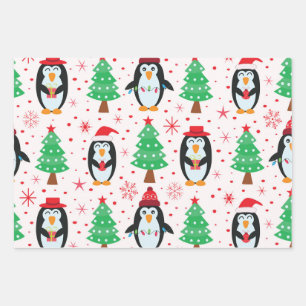 Christmas Penguins with Pine Trees Pattern Wrapping Paper Sheets