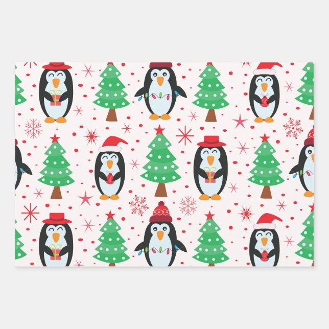 Christmas Penguins with Pine Trees Pattern Wrapping Paper Sheets (Front)