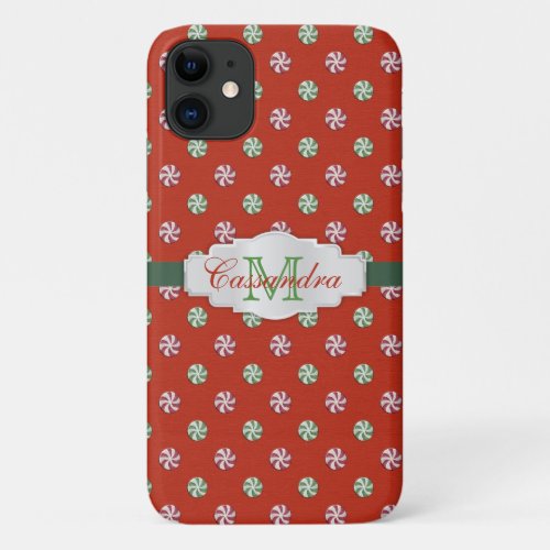 Christmas Peppermint Candies Pattern Monogrammed iPhone 11 Case