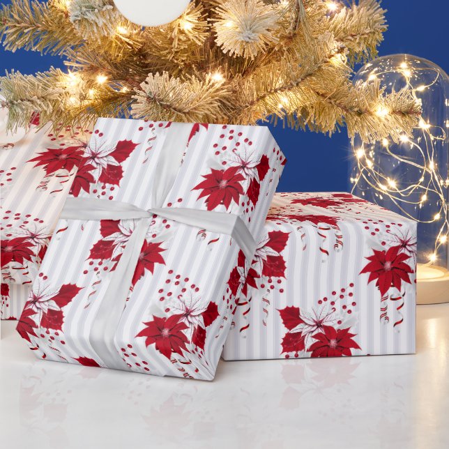 Christmas Peppermint | Candy Cane Poinsettia Holly Wrapping Paper (Holidays)