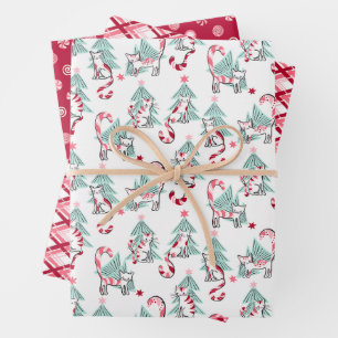 Christmas Peppermint Candy Cats Set of Three Wrapping Paper Sheets