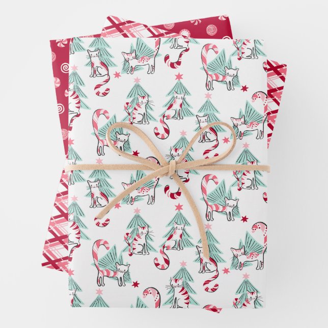 Christmas Peppermint Candy Cats Set of Three Wrapping Paper Sheets (In situ)