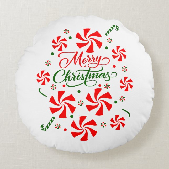 Christmas Peppermint Candy Round Pillow (Front)