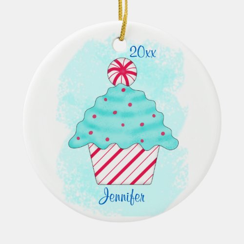 Christmas Peppermint Cupcake Name Year Customized Ceramic Ornament