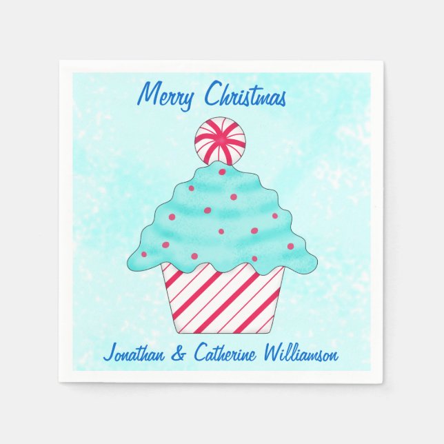 Christmas Peppermint Cupcake Personalized Party Paper Napkins (Front)