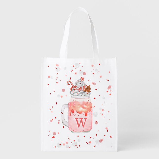 Christmas Peppermint Mason Jar Milkshake Monogram  Grocery Bag (Front)