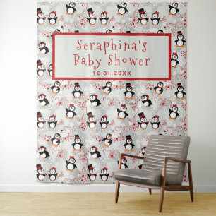 Christmas Peppermint Penguins Baby Shower Backdrop