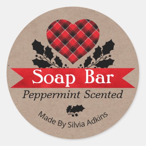 Christmas Peppermint Plaid Kraft Soap Bar Label