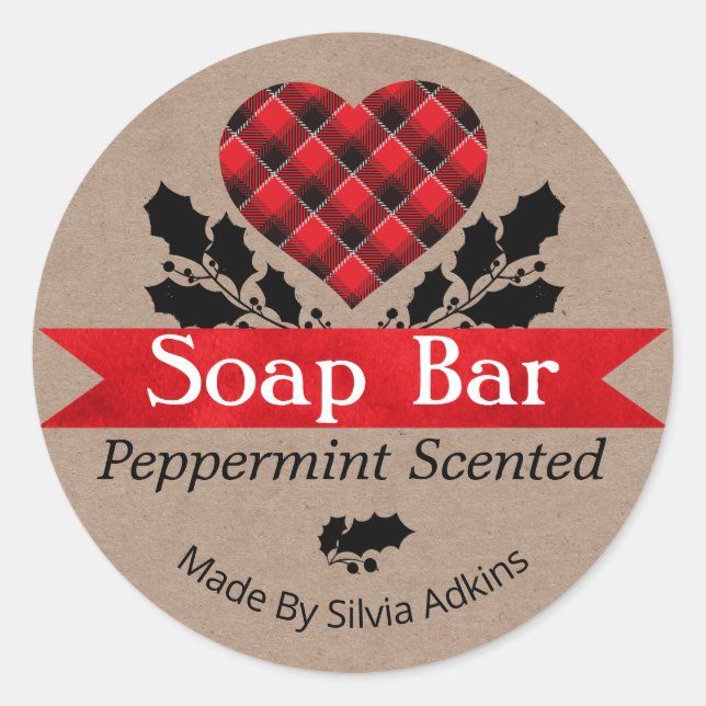 Christmas Peppermint Plaid Kraft Soap Bar Label (Front)