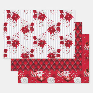 Christmas Peppermint   Poinsettia Candy Cane Wrapping Paper Sheets