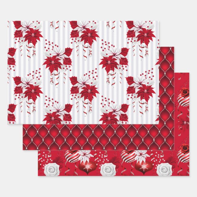 Christmas Peppermint | Poinsettia Candy Cane Wrapping Paper Sheets (Set)