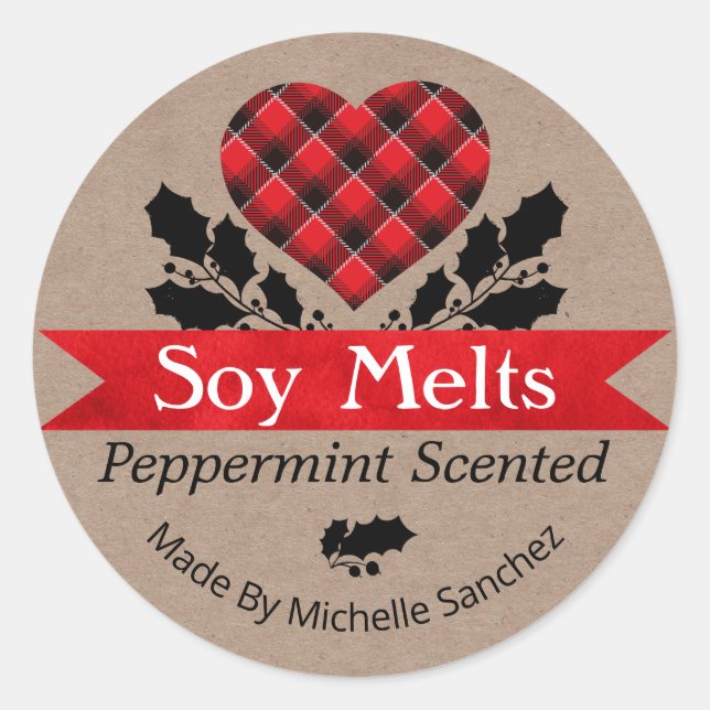 Christmas Peppermint Soy Melt Kraft Plaid Labels (Front)