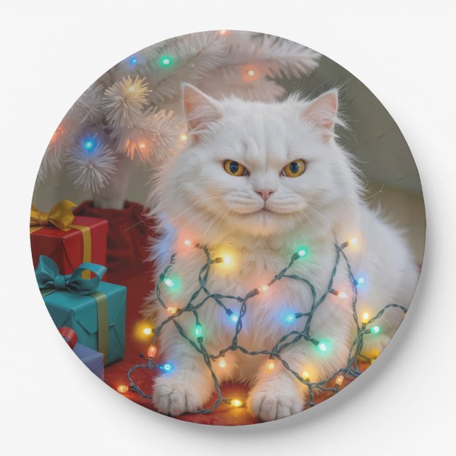Christmas Persian Cat Tangled in Holiday Lights Paper Plates (Front)