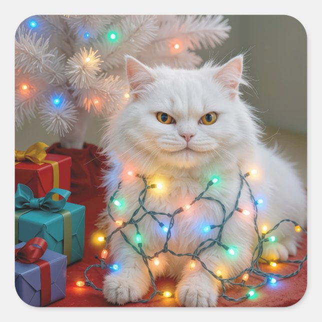 Christmas Persian Cat Tangled in Holiday Lights Square Sticker (Front)