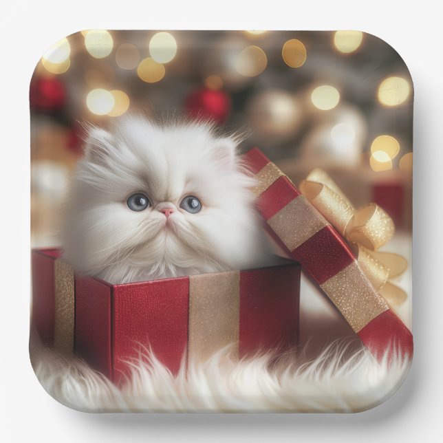 Christmas Persian Kitten In a Gift Box Paper Plates (Front)