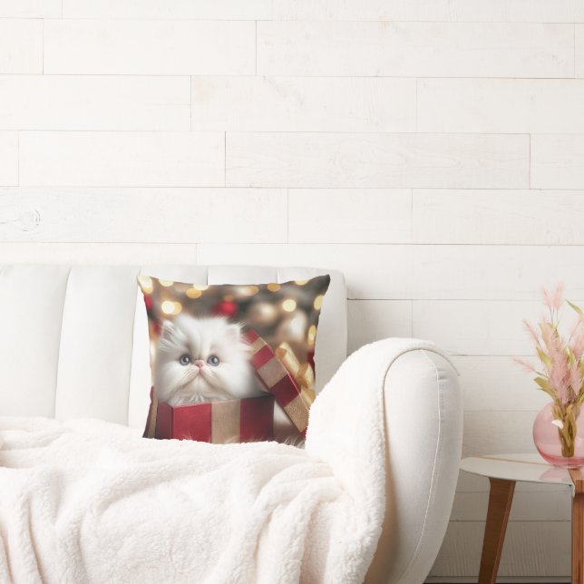 Christmas Persian Kitten In a Gift Box Throw Pillow (Couch)